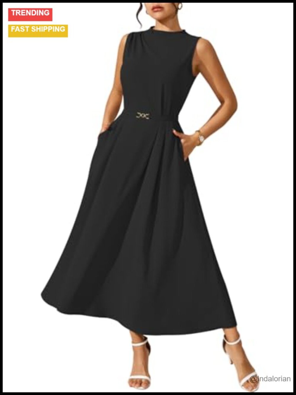 Pink Queen Sleeveless A-Line Midi Dress with Belt, Business Casual